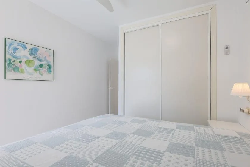 A bright bedroom with a bed and a large sliding-door closet.