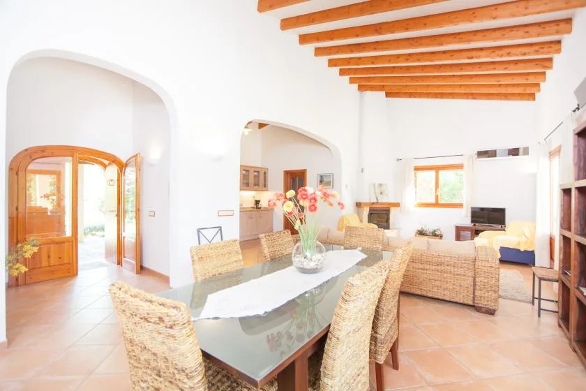 Un luminoso comedor y sala de estar con una mesa de vidrio y asientos tejidos.