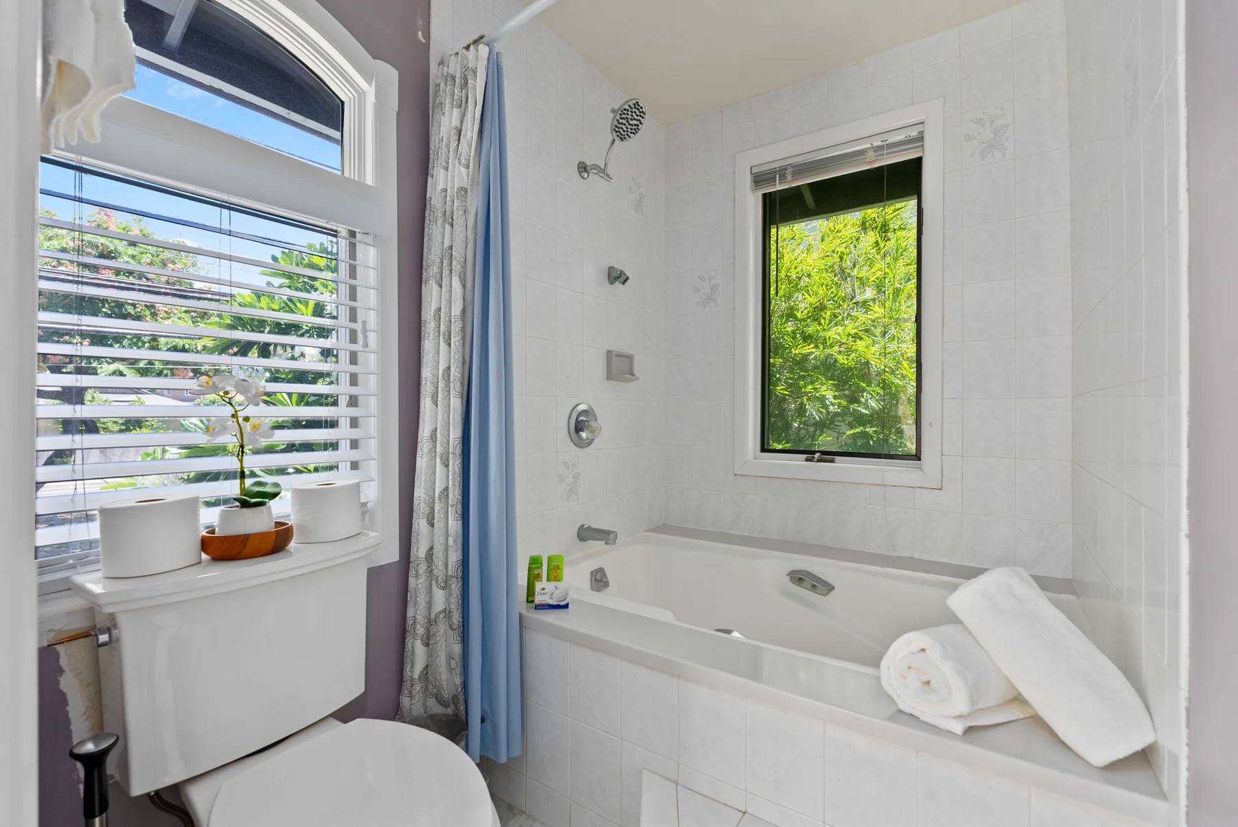 A bright bathroom with a bathtub, shower, and windows overlooking greenery.