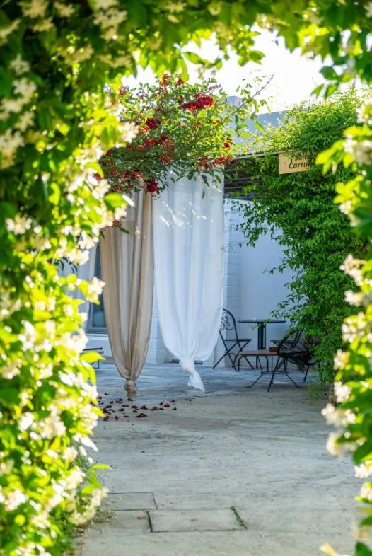 Jardín con un dosel blanco, sillas y flores rojas.