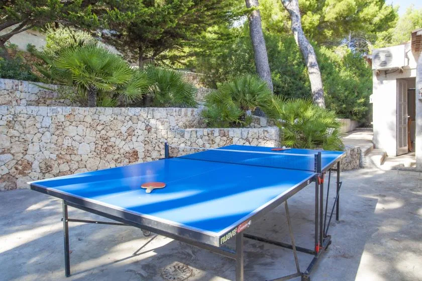An outdoor table tennis table stands beside a stone wall and leafy trees.