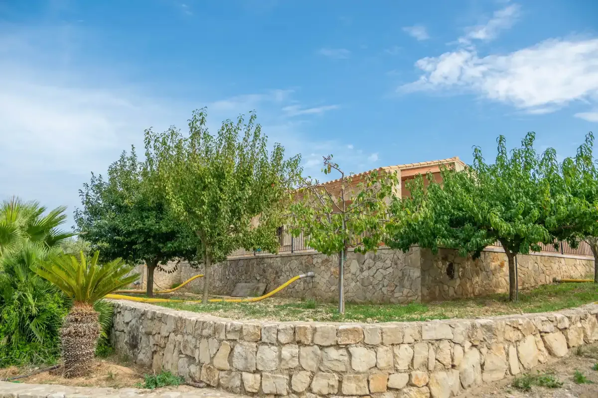 Un muro de piedra y árboles frondosos bordean una casa bajo un cielo azul.