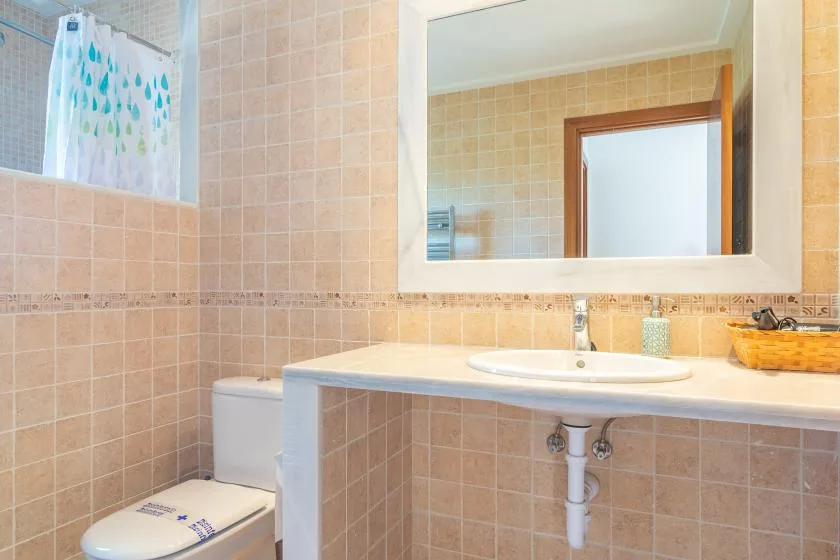 Un baño alicatado con lavabo, espejo e inodoro.