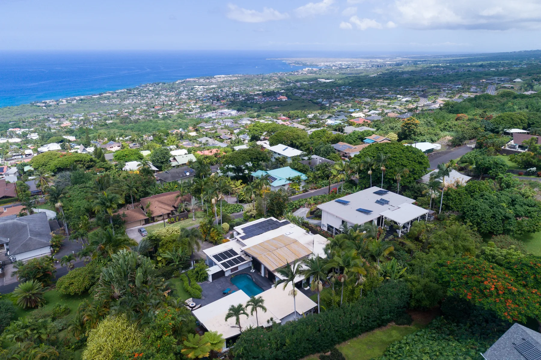 Aerial view of a coastal neighborhood with homes, green vegetation, and the ocean beyond.