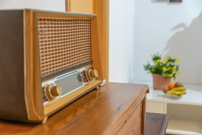 A vintage radio sits on a wooden cabinet beside a small vase of flowers.