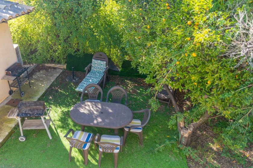 A garden patio with outdoor seating beneath leafy trees.