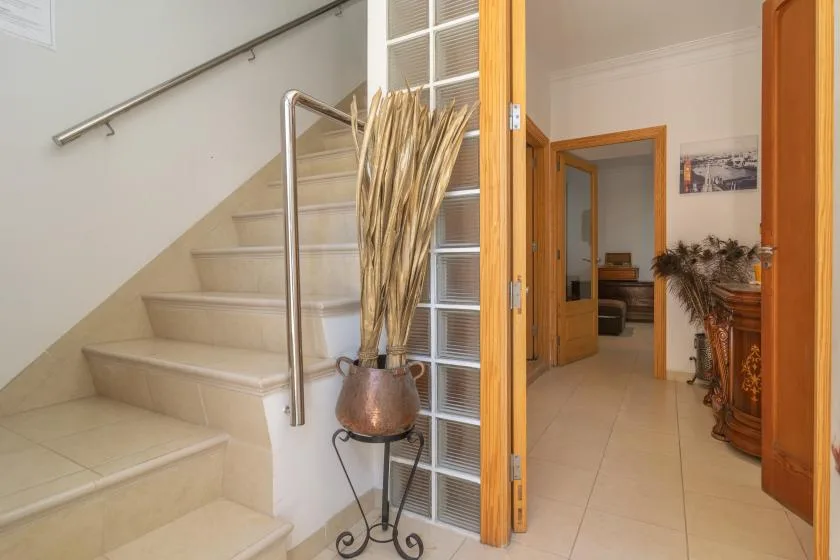 A tiled stairway leads into a hallway with wooden doorways and a decorative plant.