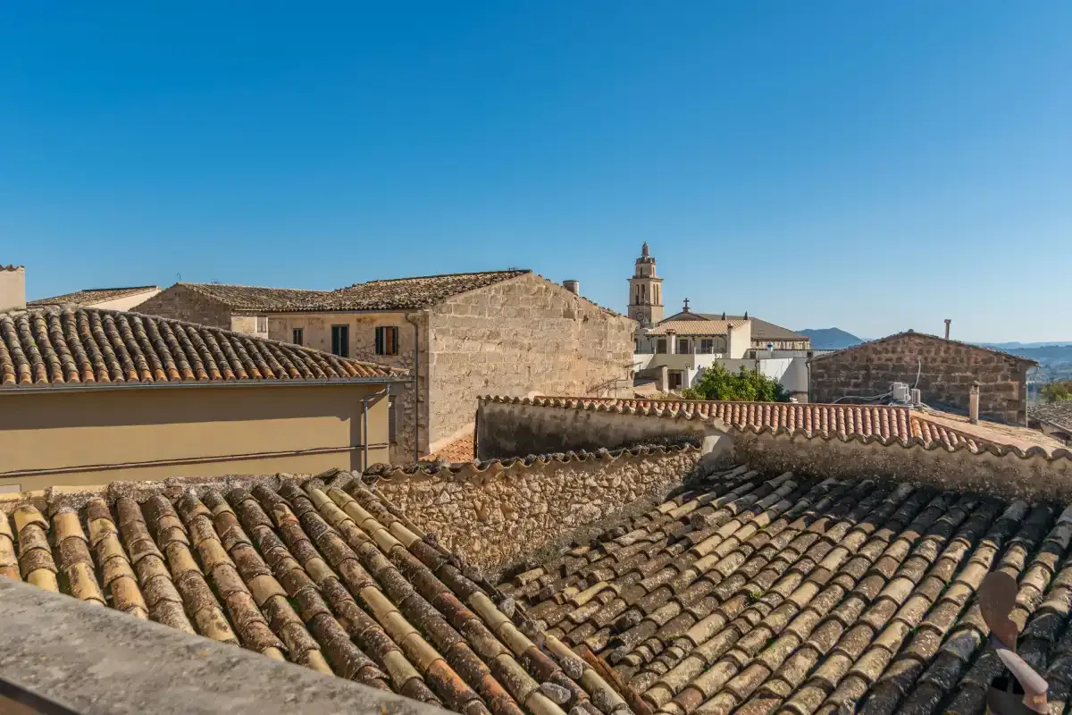 A village rooftop view shows tiled roofs and a church tower beneath a clear sky.