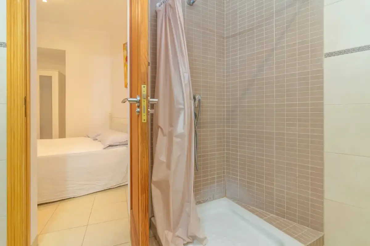 A bathroom with a shower beside a bedroom.