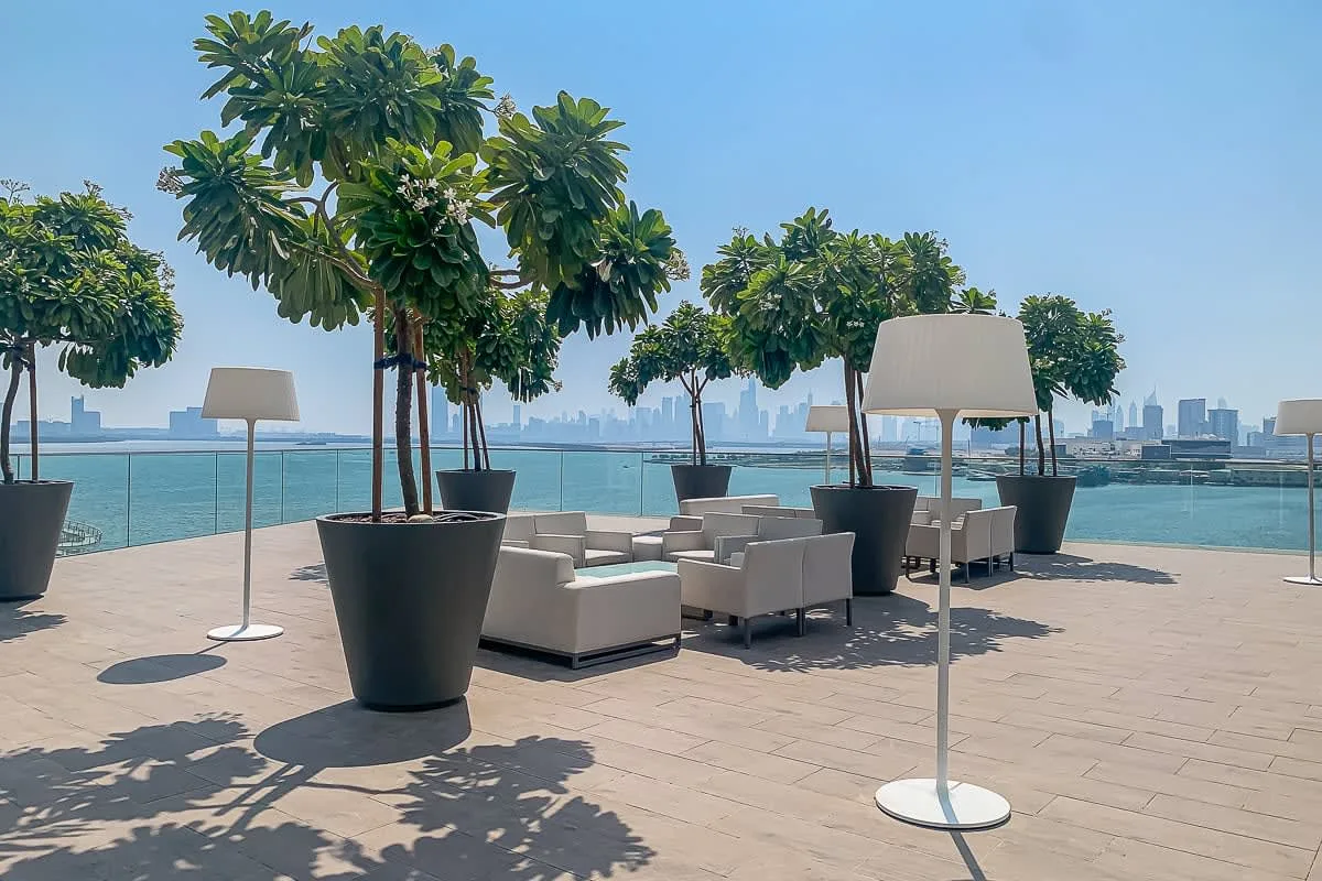 A waterfront terrace has outdoor seating, potted trees, and standing lamps.