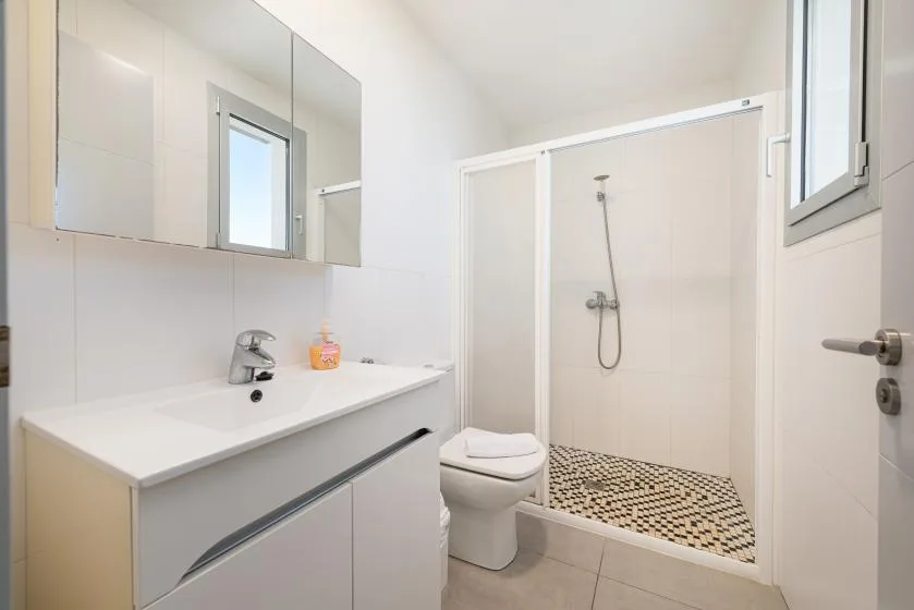 A bright bathroom with a vanity, mirror, toilet, and walk-in shower.
