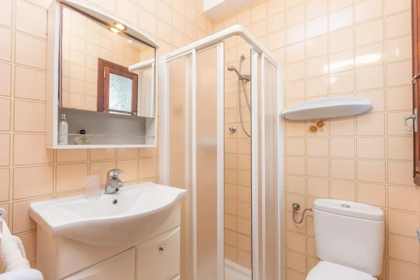 A tiled bathroom with a sink, mirror, shower, and toilet.