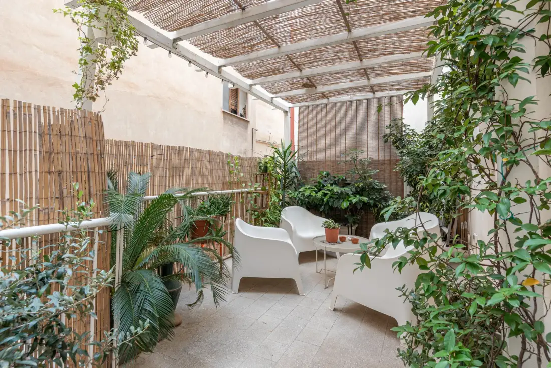 A leafy patio with white seating beneath a slatted shade canopy.