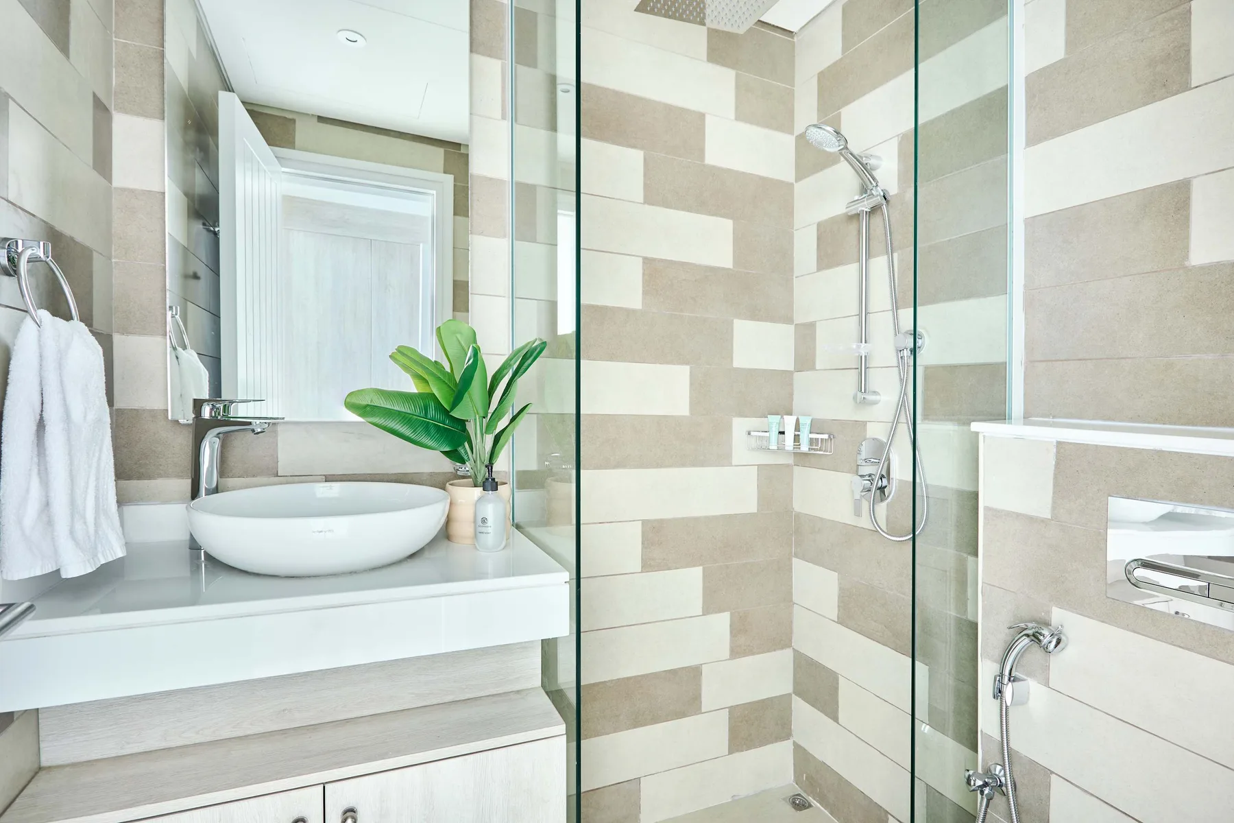 Un baño luminoso con ducha de vidrio, lavabo y planta en maceta.