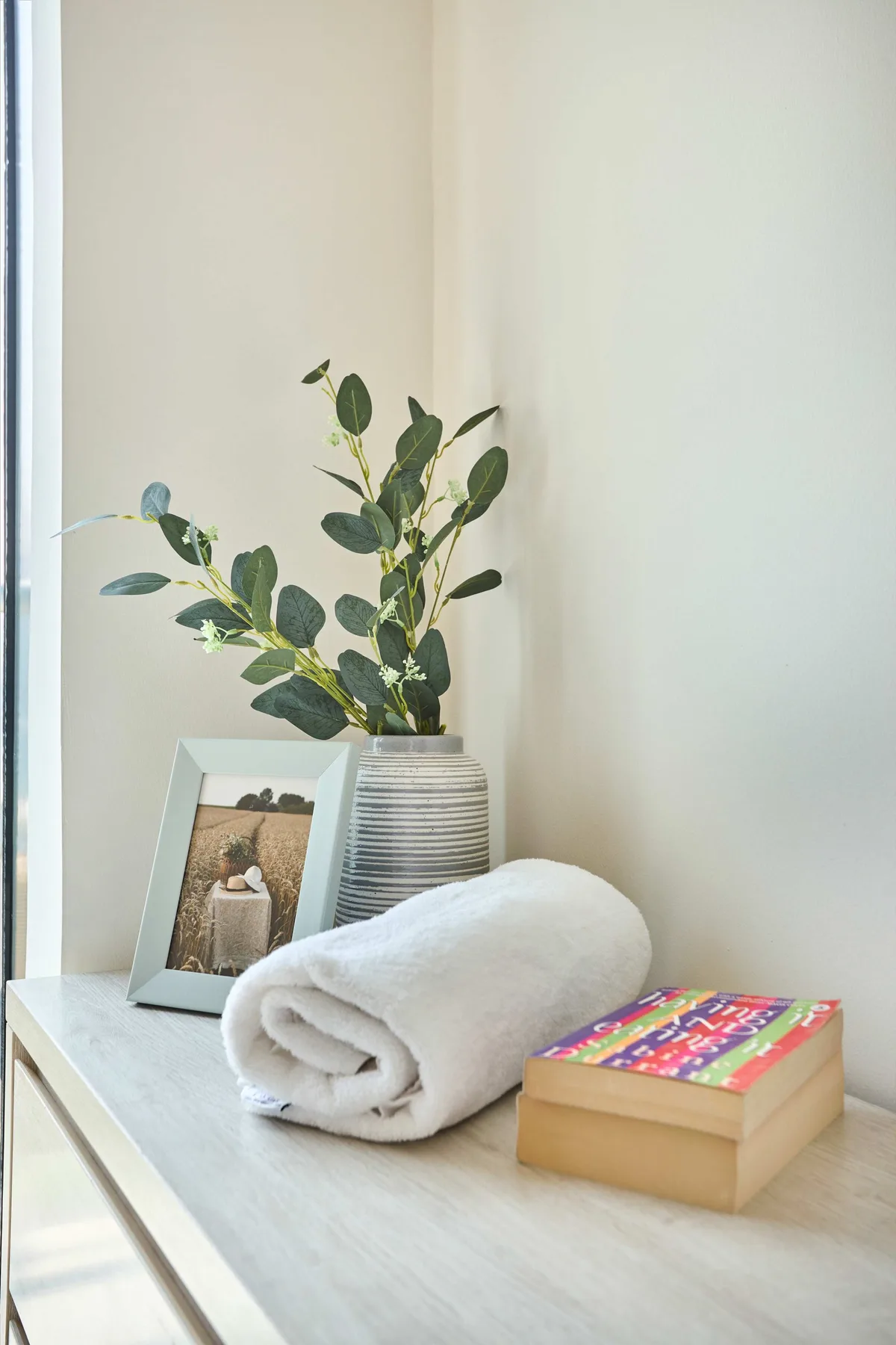 Una toalla blanca doblada y una fotografía enmarcada están sobre una mesa clara junto a una planta frondosa.