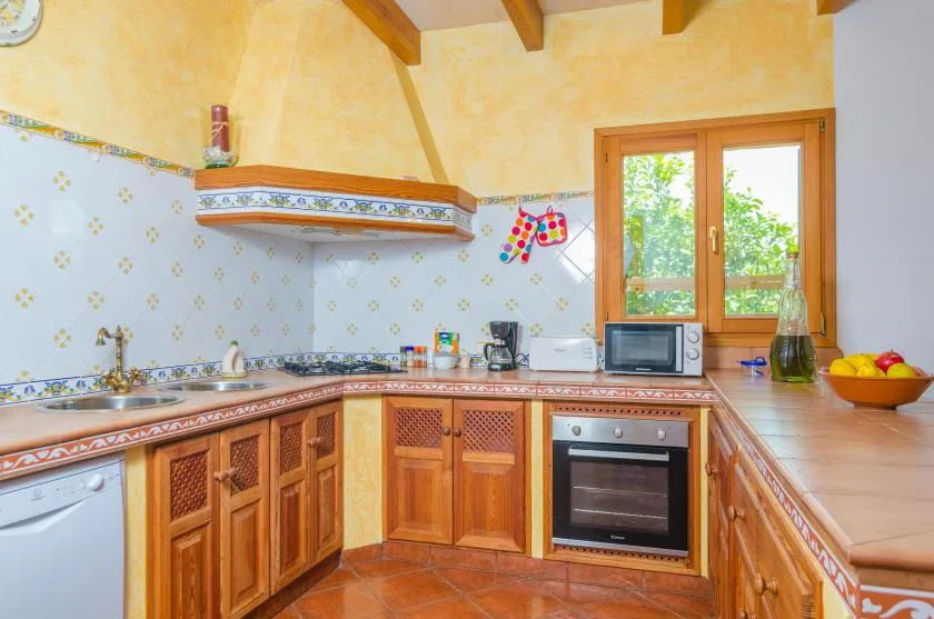 Una cocina luminosa con gabinetes de madera, una encimera y una ventana.