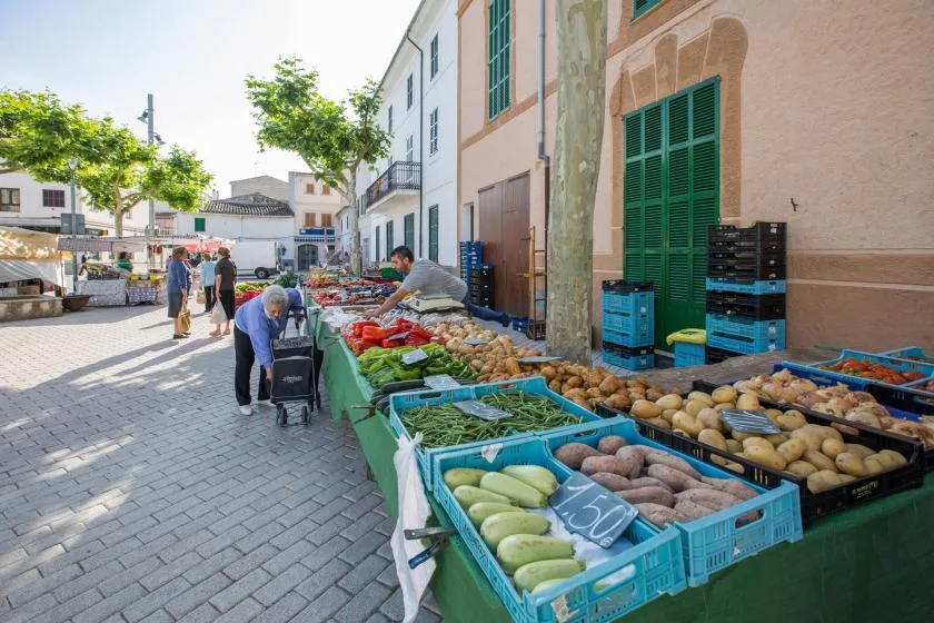 Un mercado al aire libre soleado con productos en cajas junto a un paseo peatonal.