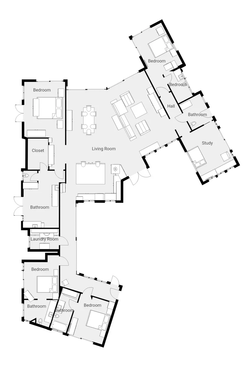 Un plano muestra una sala de estar, dormitorios, baños y un estudio.