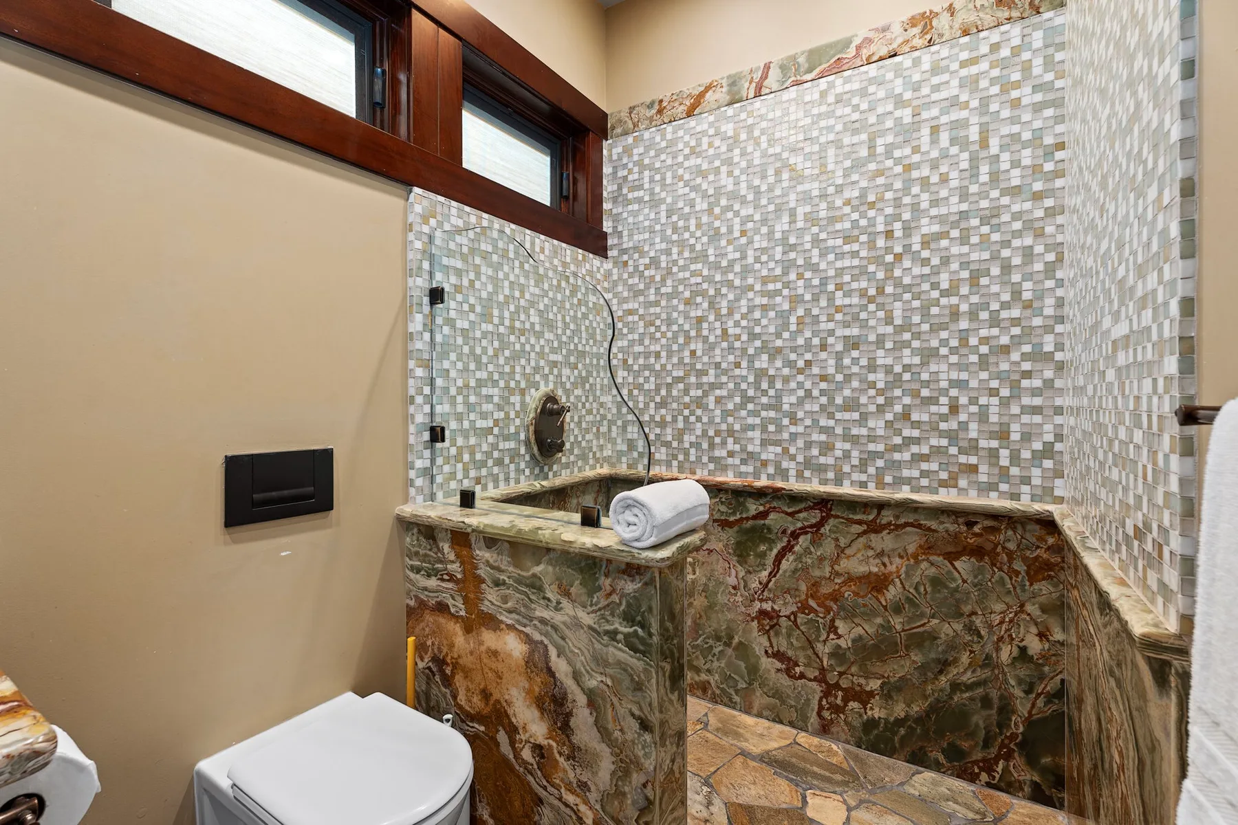 Un baño con azulejos, una zona de ducha y un inodoro.