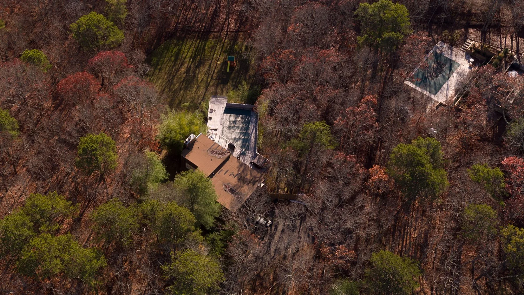 An aerial view shows a house surrounded by dense trees.