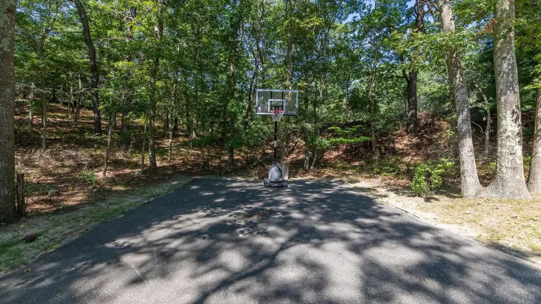 An outdoor basketball court surrounded by trees, with a hoop at the far end.