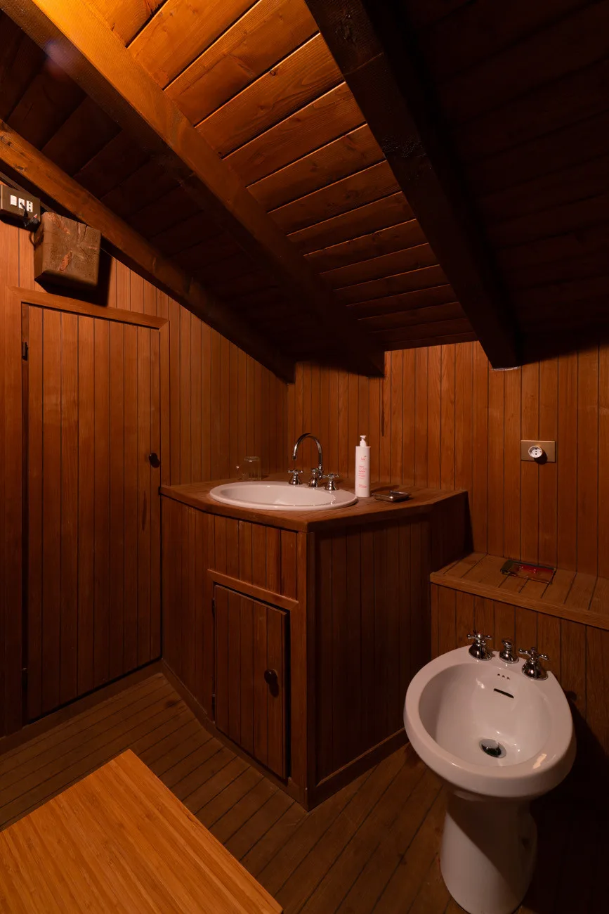 Un baño revestido de madera con lavabo, bidé y techo de madera inclinado.