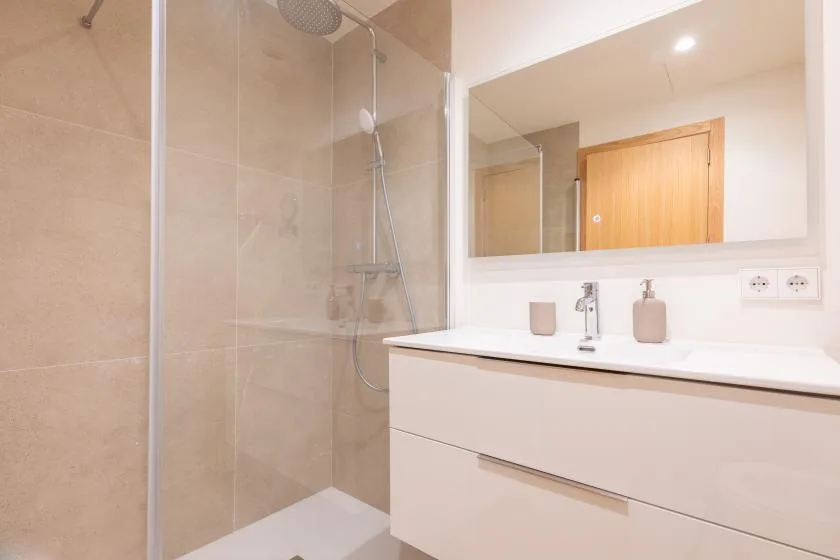 Un baño con una ducha acristalada y un lavabo bajo un espejo amplio.