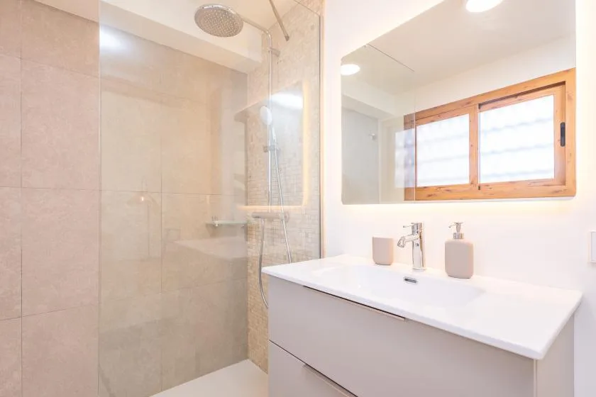 Un baño con una ducha de vidrio y un tocador bajo un espejo.