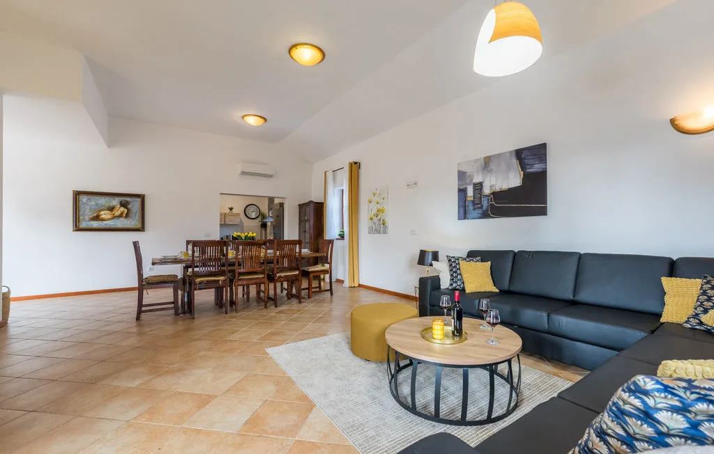 A living and dining area with dark seating, a coffee table, and a dining table.