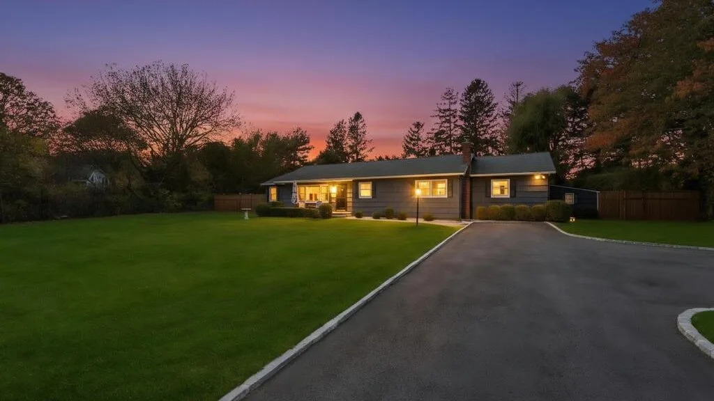 A single-story house sits beside a paved driveway and broad lawn at sunset.