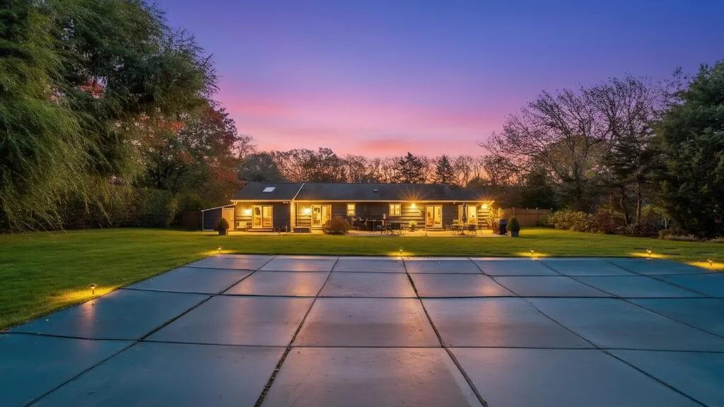 A lit building overlooks a large paved outdoor area at dusk.