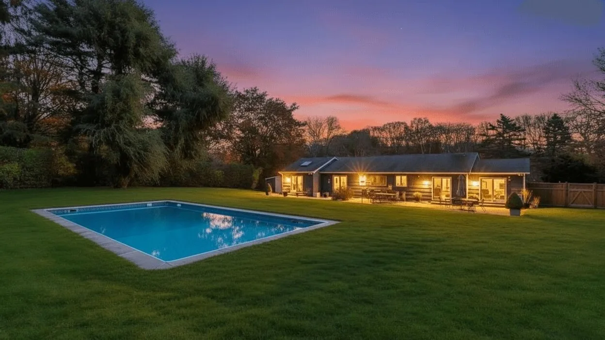 A swimming pool and illuminated house sit beside a lawn at sunset.