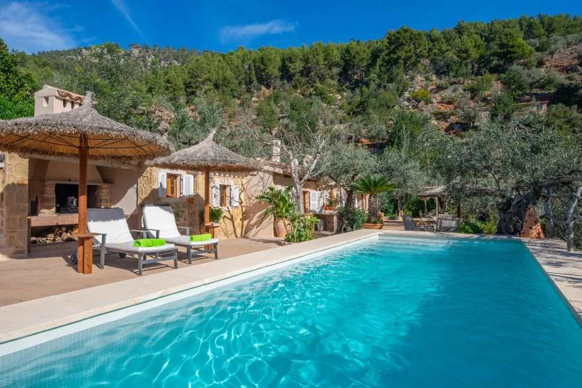 An outdoor swimming pool beside a sunlit patio with seating and thatched parasols.