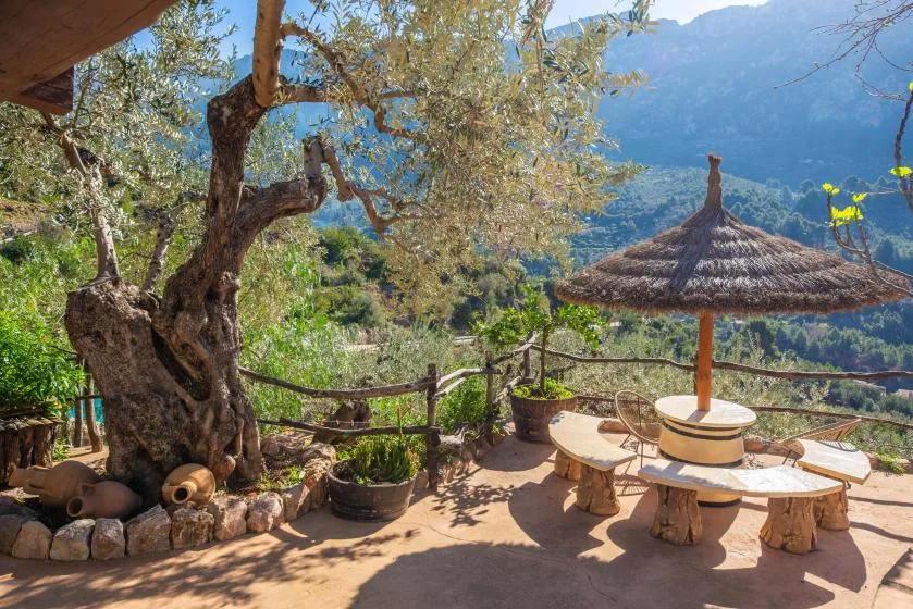 An outdoor patio has a thatched parasol and seating overlooking a mountain valley.