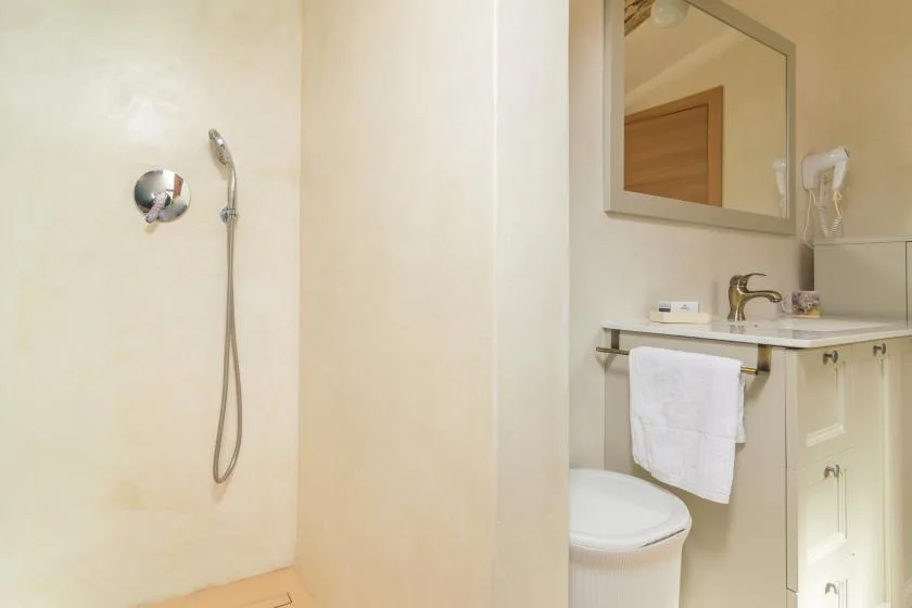 A bathroom with a shower, sink, and mirror.