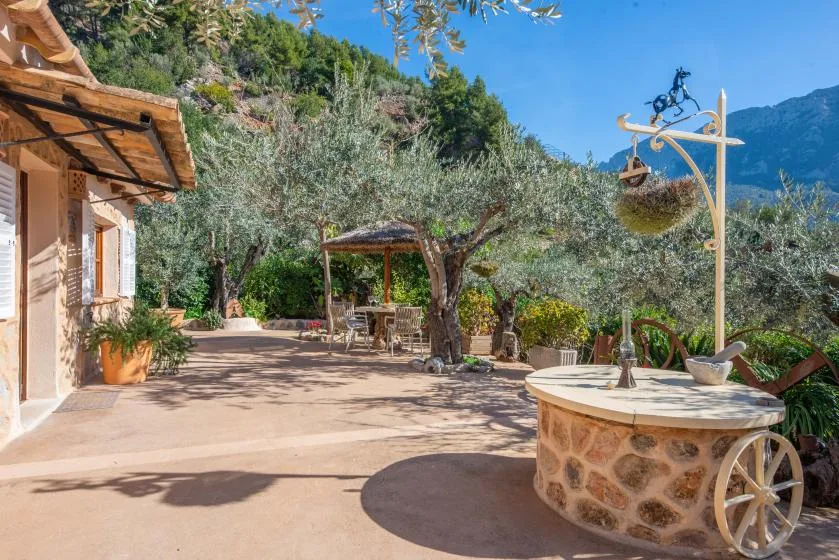 A sunny outdoor courtyard with a stone well, trees, and a shaded seating area.