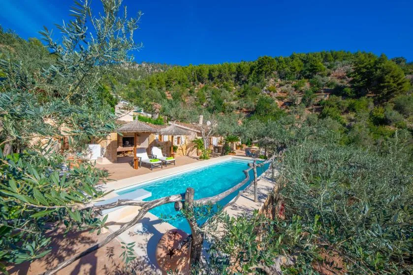 An outdoor swimming pool sits beside a small house, surrounded by trees and greenery.