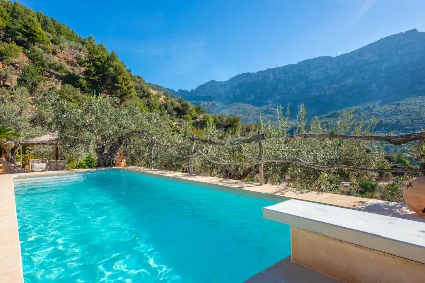 A swimming pool overlooks a wooded mountain landscape under a clear blue sky.