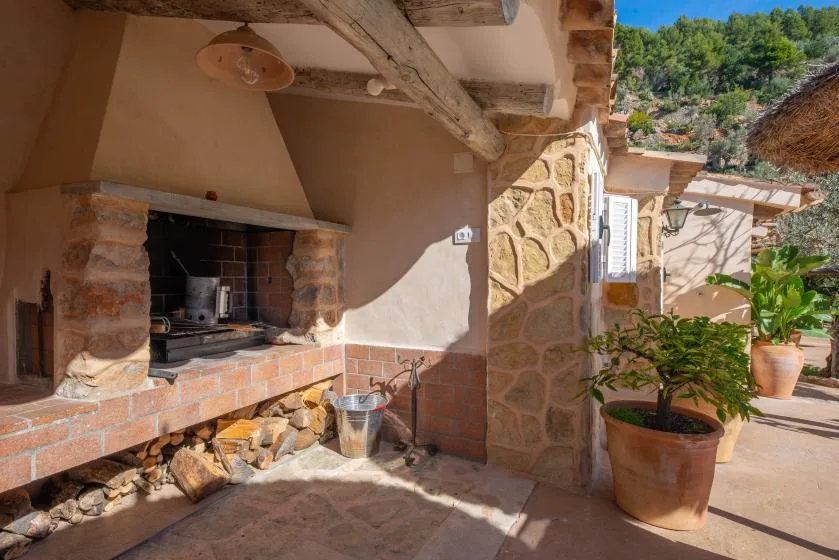 A covered outdoor cooking area with a built-in brick oven and potted plants.