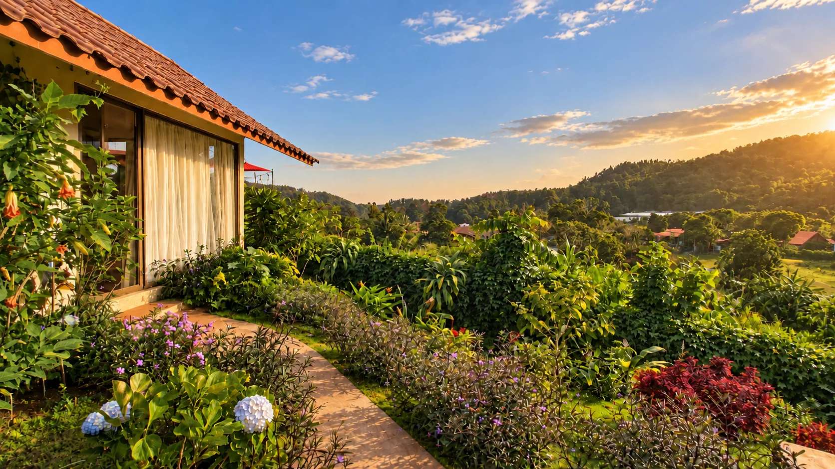 Sendero del jardín al atardecer con vistas al valle de Boquete