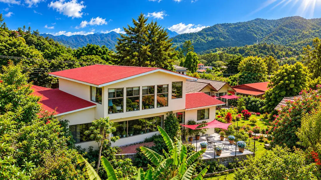 Casa principal de Villa Alejandro, jardín y vistas a las montañas