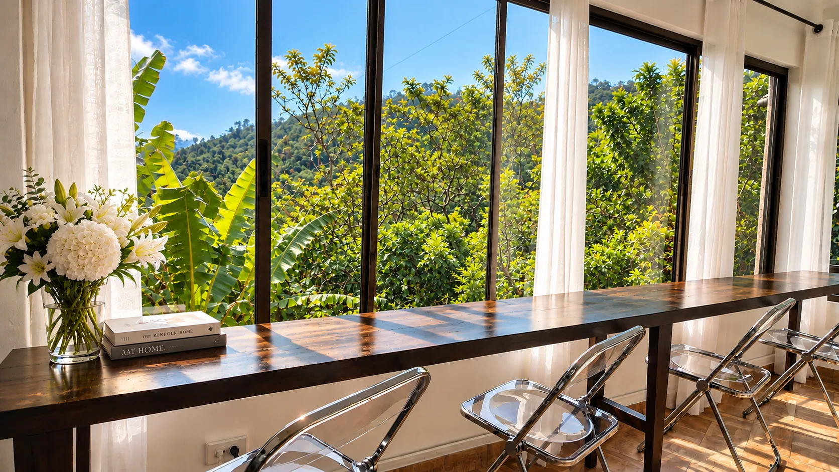 Barra de desayuno con vistas a colinas verdes