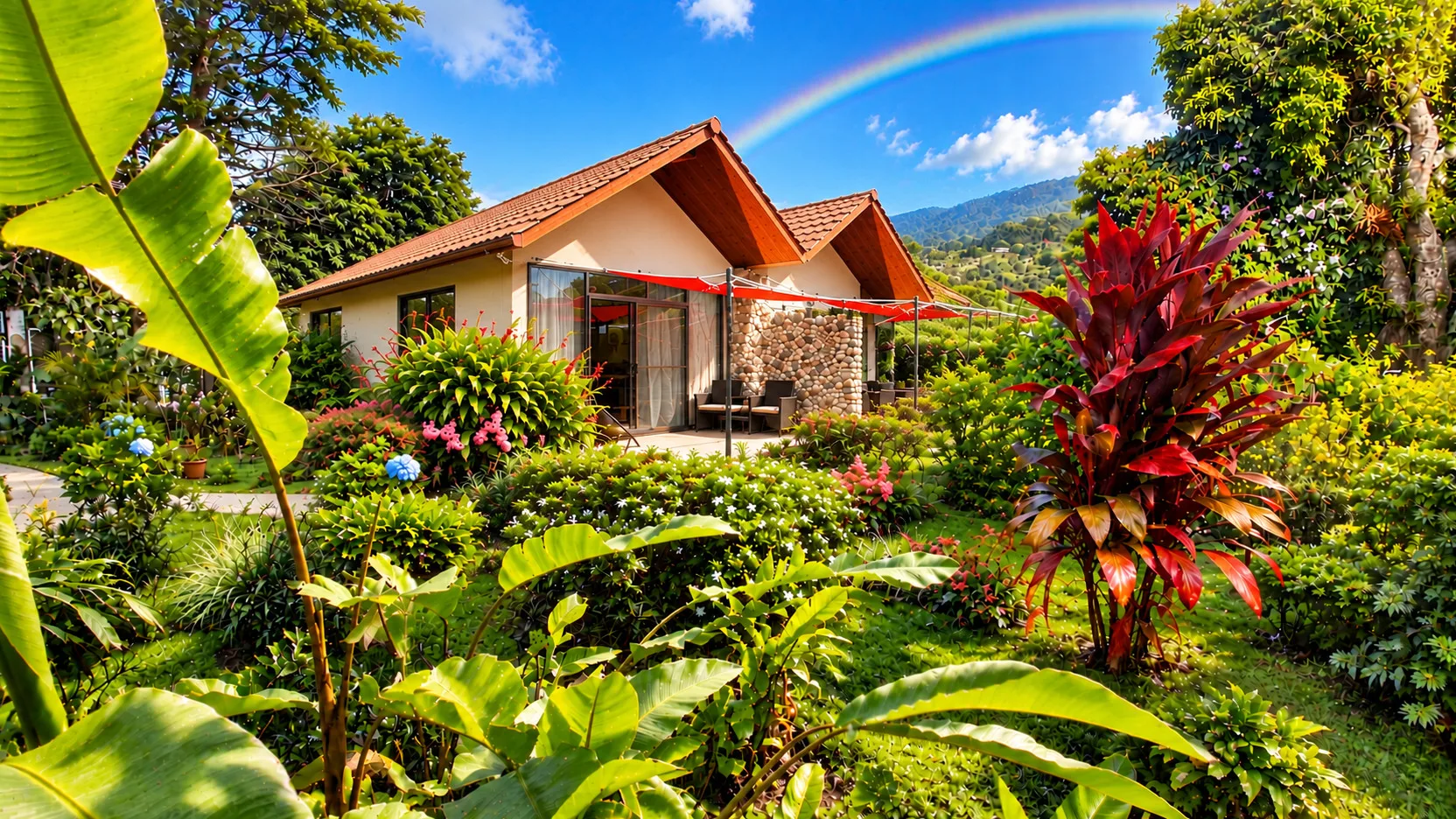 Jardín tropical y casitas en Villa Alejandro