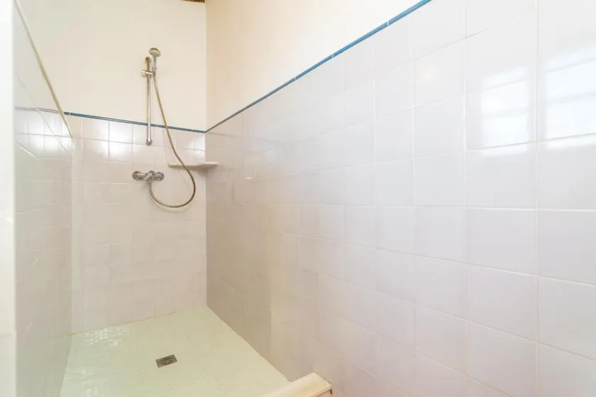 A tiled shower area with a wall-mounted showerhead and handheld sprayer.
