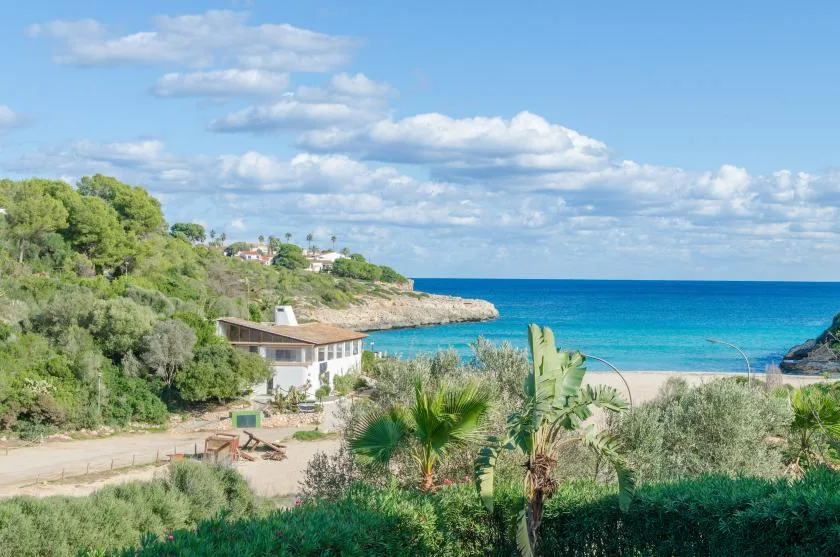 Paisaje costero con una playa de arena, mar turquesa y vegetación verde.