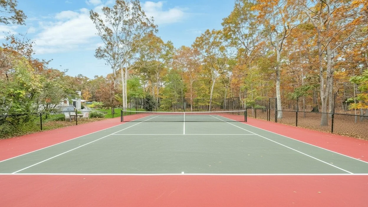 An outdoor tennis court with a net, surrounded by autumn trees.