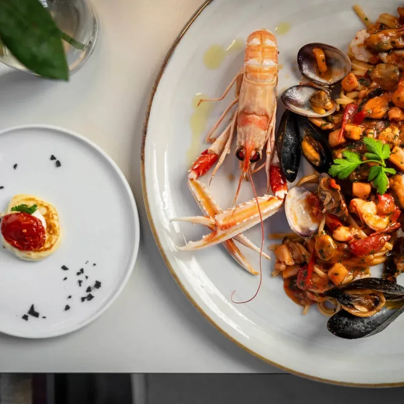 Seafood platter with langoustine, mussels and clams.