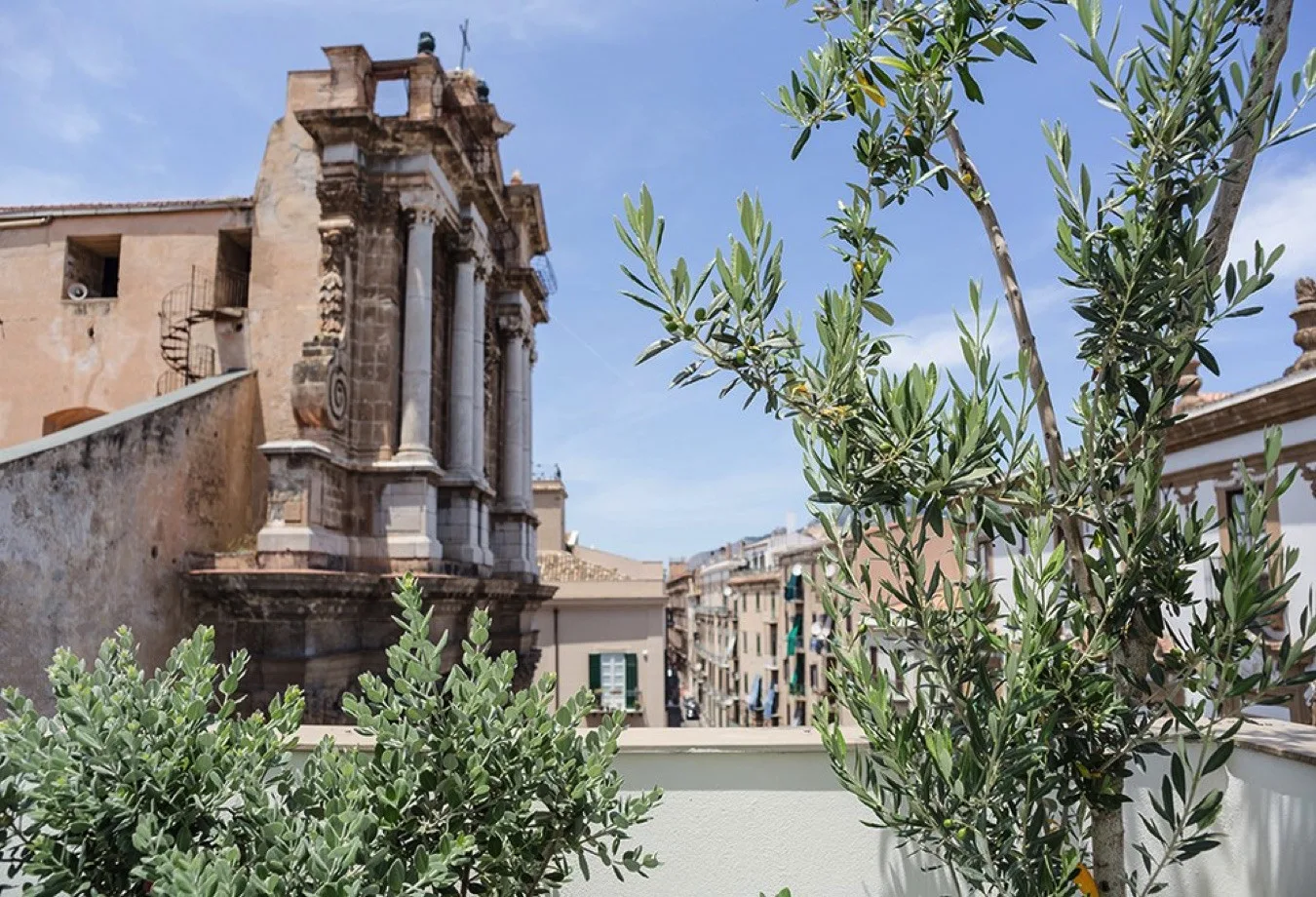 Una terraza exterior soleada da a edificios históricos de piedra, con plantas frondosas en primer plano.