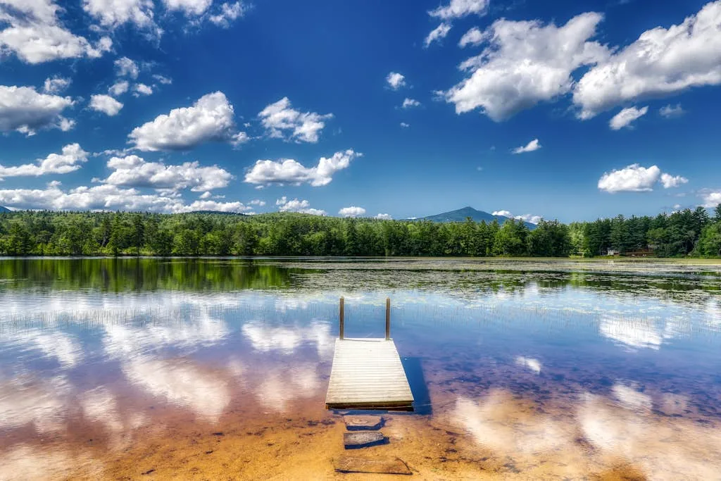 A wooden dock extends into a calm lake, reflecting clouds beneath a blue sky.