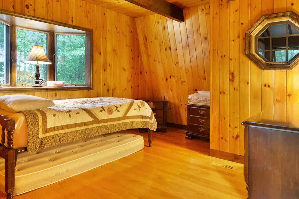 A wood-paneled bedroom with a bed beside a large window.
